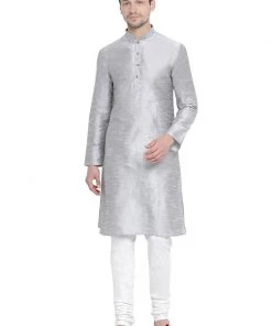 Vastramay Men's Grey Cotton Silk Blend Kurta And Pyjama Set
