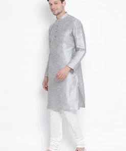 Vastramay Men's Grey Cotton Silk Blend Kurta And Pyjama Set