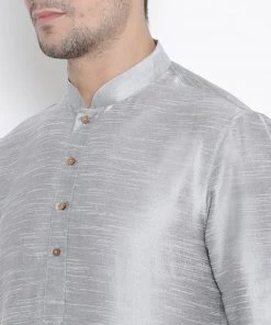 Vastramay Men's Grey Cotton Silk Blend Kurta And Pyjama Set