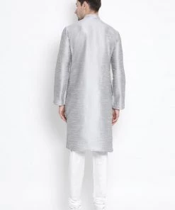 Vastramay Men's Grey Cotton Silk Blend Kurta And Pyjama Set