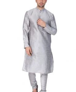 VASTRAMAY Men's Grey Cotton Silk Blend Kurta And Pyjama Set