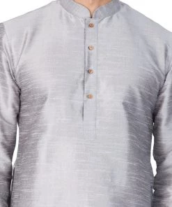 VASTRAMAY Men's Grey Cotton Silk Blend Kurta And Pyjama Set