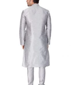 VASTRAMAY Men's Grey Cotton Silk Blend Kurta And Pyjama Set