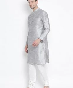 Vastramay Men's Grey Cotton Silk Blend Kurta And Pyjama Set