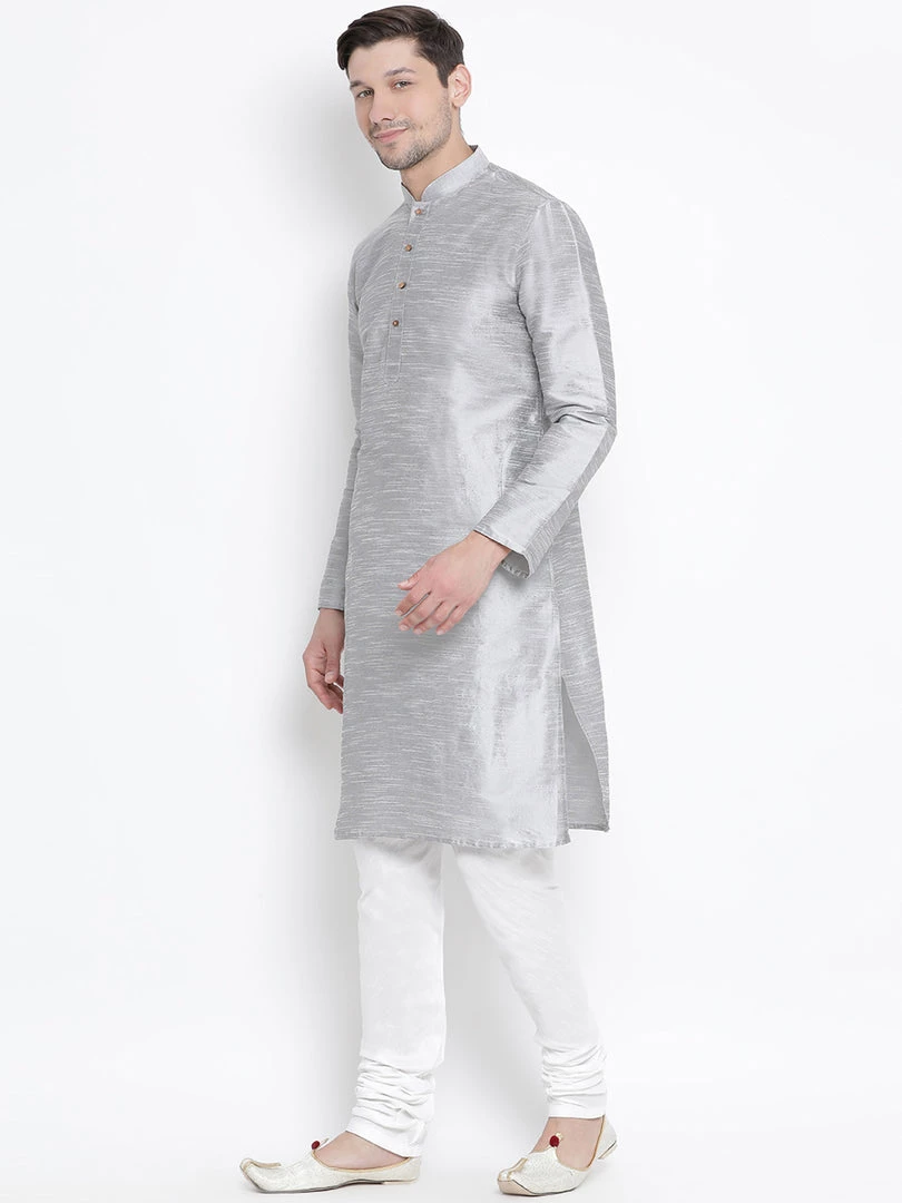 Vastramay Men's Grey Cotton Silk Blend Kurta And Pyjama Set 4 Vastramay Men's Grey Cotton Silk Blend Kurta And Pyjama Set