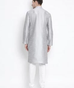 Vastramay Men's Grey Cotton Silk Blend Kurta And Pyjama Set 11 Vastramay Men's Grey Cotton Silk Blend Kurta And Pyjama Set