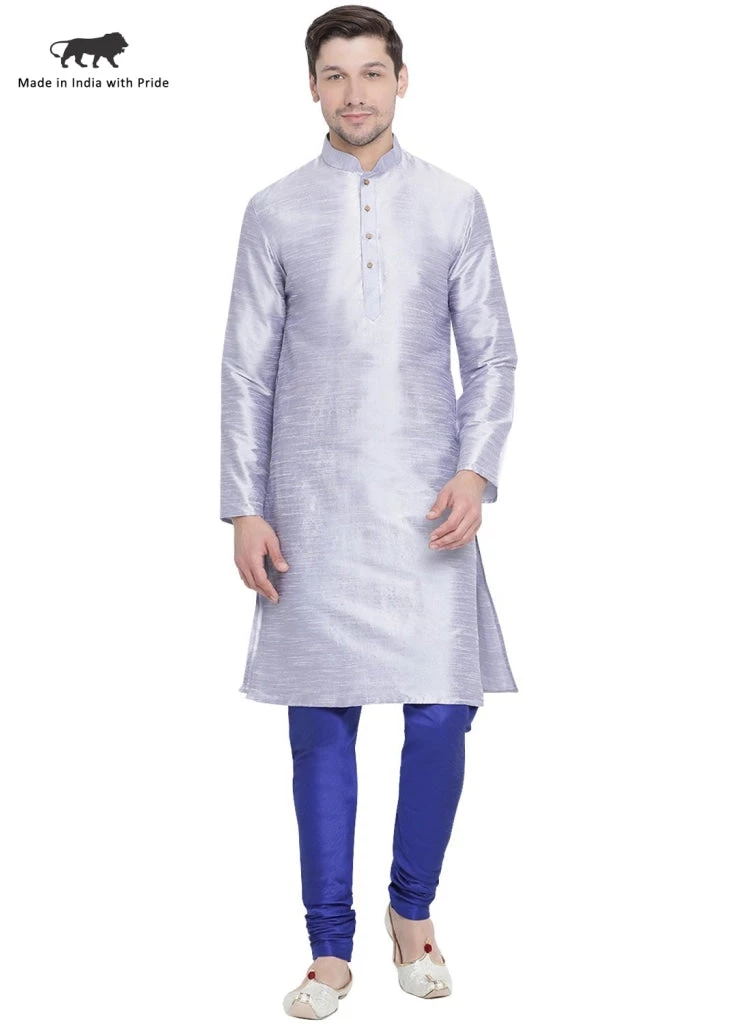 VASTRAMAY Men's Light Blue Cotton Silk Blend Kurta And Pyjama Set 3 VASTRAMAY Men's Light Blue Cotton Silk Blend Kurta And Pyjama Set