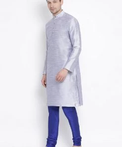 VASTRAMAY Men's Light Blue Cotton Silk Blend Kurta And Pyjama Set