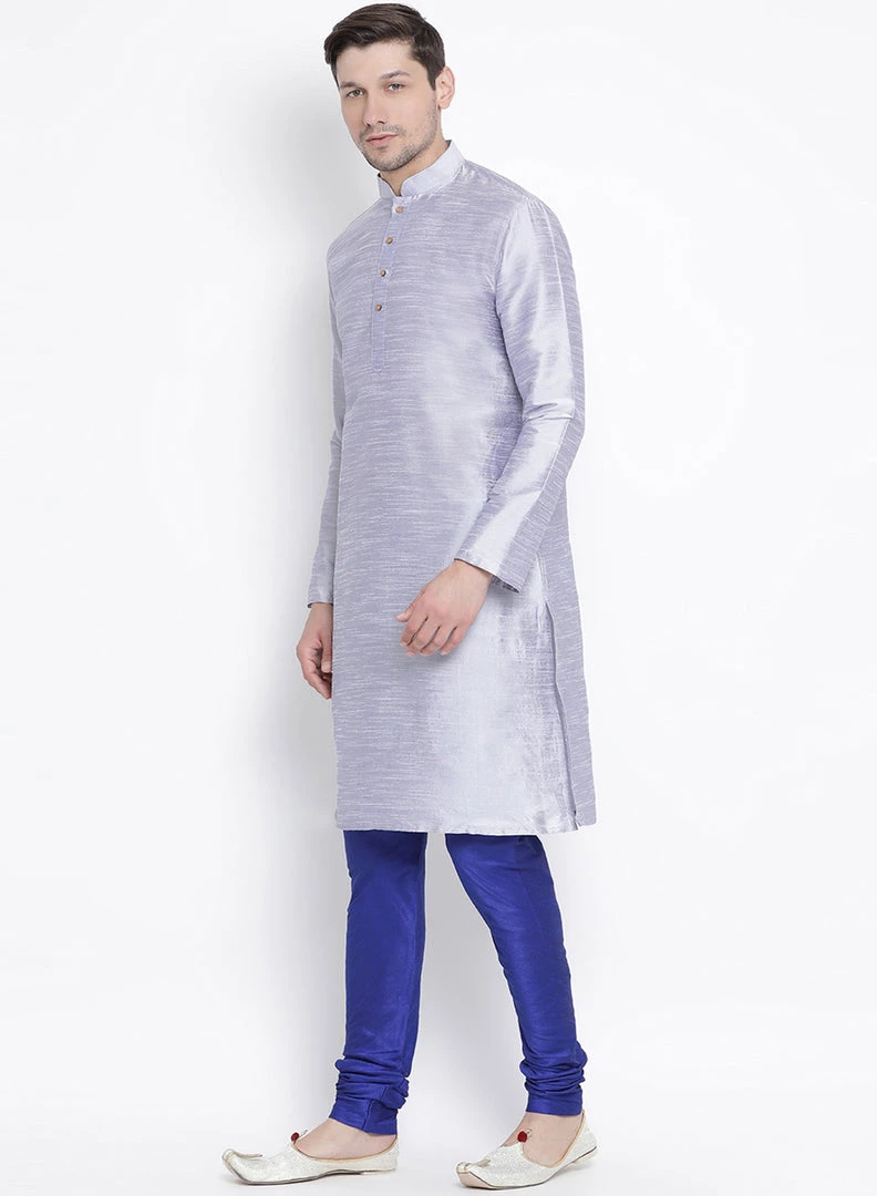 VASTRAMAY Men's Light Blue Cotton Silk Blend Kurta And Pyjama Set 4 VASTRAMAY Men's Light Blue Cotton Silk Blend Kurta And Pyjama Set