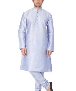 VASTRAMAY Men's Light Blue Cotton Silk Blend Kurta And Pyjama Set