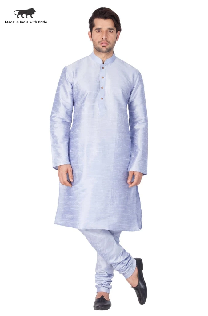 VASTRAMAY Men's Light Blue Cotton Silk Blend Kurta And Pyjama Set 3 VASTRAMAY Men's Light Blue Cotton Silk Blend Kurta And Pyjama Set