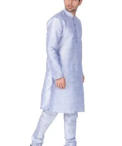 VASTRAMAY Men's Light Blue Cotton Silk Blend Kurta And Pyjama Set 9 VASTRAMAY Men's Light Blue Cotton Silk Blend Kurta And Pyjama Set