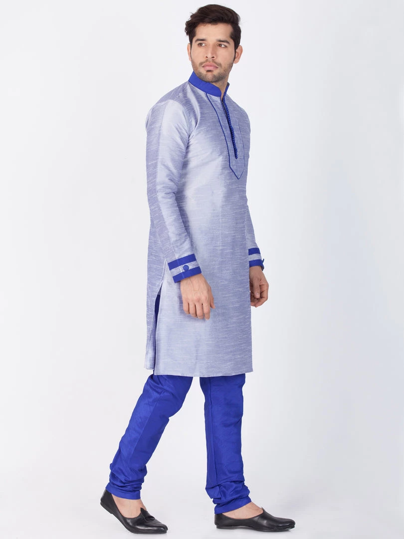 Vastramay Men's Light Blue Cotton Silk Blend Kurta And Pyjama Set 4 Vastramay Men's Light Blue Cotton Silk Blend Kurta And Pyjama Set