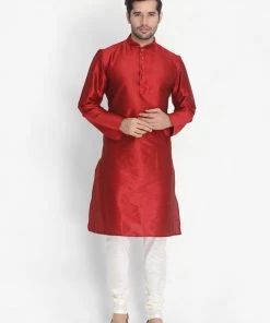 VASTRAMAY Men's Maroon Cotton Silk Blend Kurta