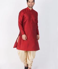 VASTRAMAY Men's Maroon Cotton Silk Blend Kurta And Dhoti Pant Set