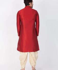 VASTRAMAY Men's Maroon Cotton Silk Blend Kurta And Dhoti Pant Set