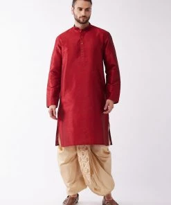 VASTRAMAY Men Maroon Regular Kurta With Dhoti Pants