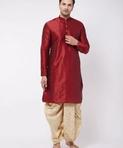 VASTRAMAY Men's Maroon And Gold Silk Blend Kurta And Dhoti Set