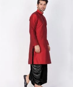 Vastramay Men's Maroon Cotton Silk Blend Kurta And Dhoti Pant Set