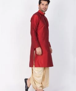 VASTRAMAY Men's Maroon Cotton Silk Blend Kurta And Dhoti Pant Set