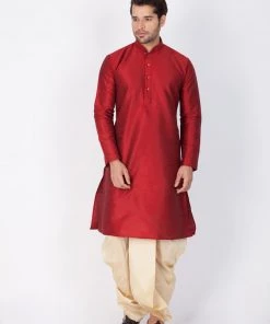 VASTRAMAY Men's Maroon Cotton Silk Blend Kurta And Dhoti Pant Set