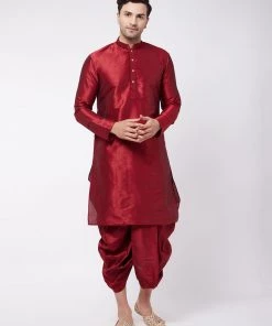 VASTRAMAY Men's Maroon Silk Blend Kurta And Dhoti Set