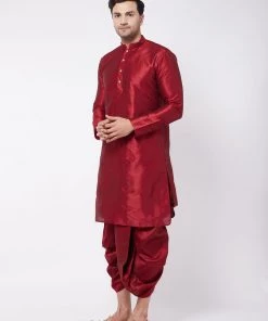 VASTRAMAY Men's Maroon Silk Blend Kurta And Dhoti Set