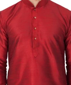 Vastramay Men's Maroon Cotton Silk Blend Kurta And Pyjama Set 10 Vastramay Men's Maroon Cotton Silk Blend Kurta And Pyjama Set