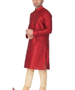 Vastramay Men's Maroon Cotton Silk Blend Kurta And Pyjama Set
