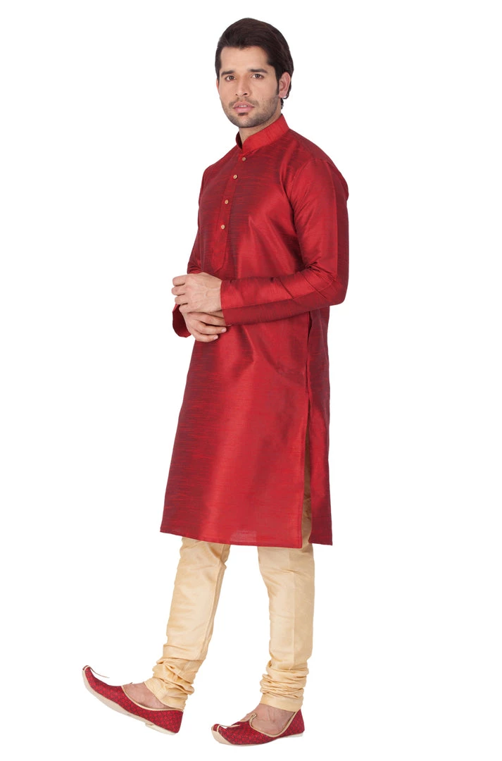 VASTRAMAY Men's Maroon Cotton Silk Blend Kurta And Pyjama Set 4 VASTRAMAY Men's Maroon Cotton Silk Blend Kurta And Pyjama Set