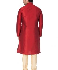 Vastramay Men's Maroon Cotton Silk Blend Kurta And Pyjama Set 11 Vastramay Men's Maroon Cotton Silk Blend Kurta And Pyjama Set