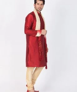 VASTRAMAY Men's Maroon Cotton Silk Blend Kurta, Pyjama & Dupatta Set
