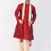 VASTRAMAY Men's Maroon Cotton Silk Blend Kurta, Pyjama & Dupatta Set