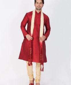 VASTRAMAY Men's Maroon Cotton Silk Blend Kurta, Pyjama & Dupatta Set