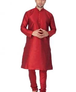 Vastramay Men's Maroon Cotton Silk Blend Kurta And Pyjama Set