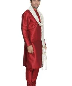 VASTRAMAY Men's Maroon Cotton Silk Blend Kurta, Pyjama & Dupatta Set