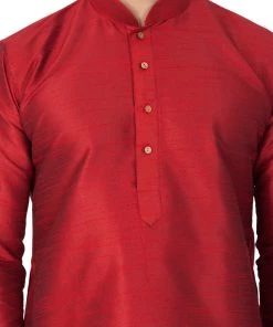 VASTRAMAY Men's Maroon Cotton Silk Blend Kurta, Pyjama & Dupatta Set