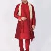 VASTRAMAY Men's Maroon Cotton Silk Blend Kurta, Pyjama & Dupatta Set