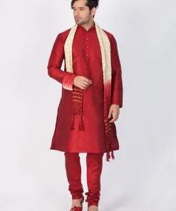 VASTRAMAY Men's Maroon Cotton Silk Blend Kurta, Pyjama & Dupatta Set