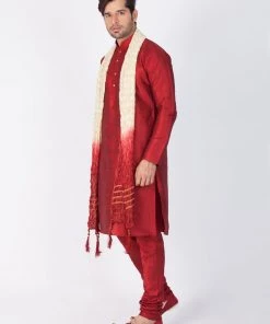 VASTRAMAY Men's Maroon Cotton Silk Blend Kurta, Pyjama & Dupatta Set