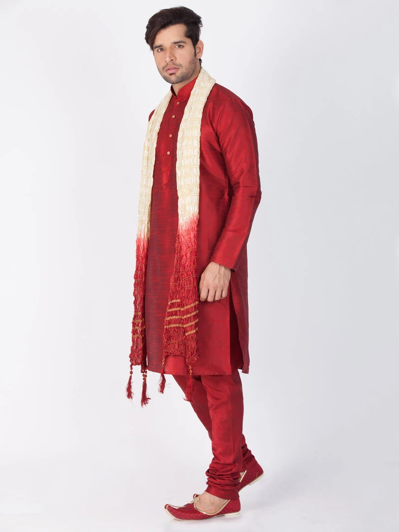 Vastramay Maroon Silk Blend Baap Beta Kurta Pyjama Dupatta Set 6 Vastramay Maroon Silk Blend Baap Beta Kurta Pyjama Dupatta Set