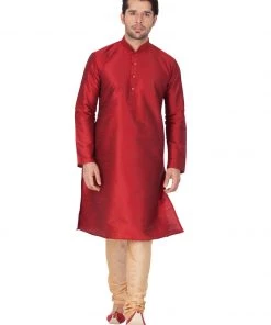 VASTRAMAY Men's Maroon Cotton Silk Blend Kurta And Pyjama Set