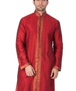 Vastramay Men's Maroon Cotton Silk Blend Kurta