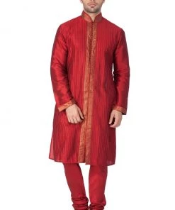 Vastramay Men's Maroon Cotton Silk Blend Kurta And Pyjama Set