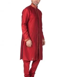Vastramay Men's Maroon Cotton Silk Blend Kurta And Pyjama Set