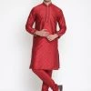 VASTRAMAY Men's Maroon Silk Blend Kurta And Pyjama Set 1 VASTRAMAY Men's Maroon Silk Blend Kurta And Pyjama Set