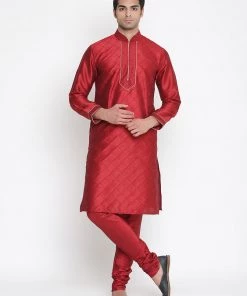 VASTRAMAY Men's Maroon Silk Blend Kurta And Pyjama Set