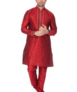 Vastramay Men's Maroon Silk Blend Kurta