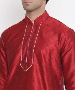 VASTRAMAY Men's Maroon Silk Blend Kurta And Pyjama Set