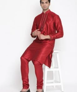 VASTRAMAY Men's Maroon Silk Blend Kurta And Pyjama Set